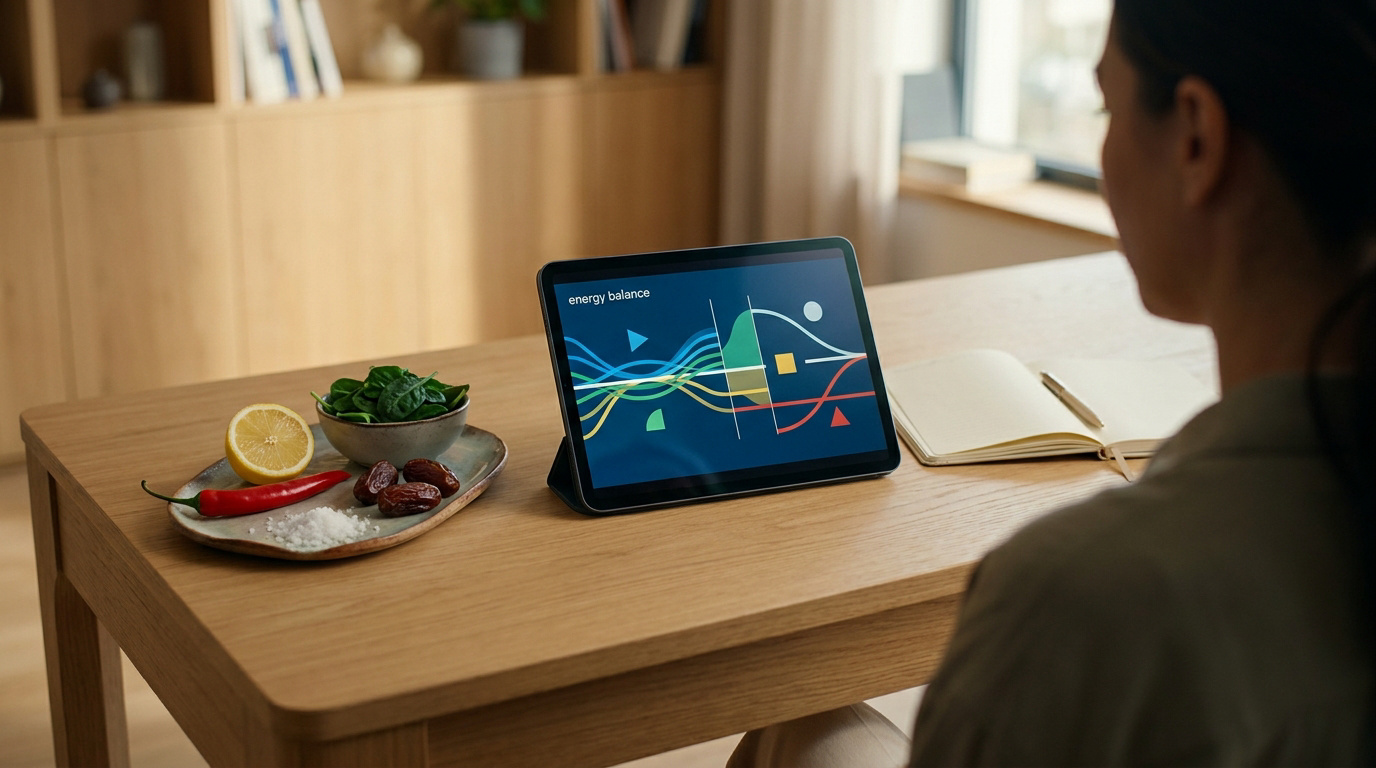 Personne étudiant la diététique chinoise sur une tablette avec des aliments frais devant elle.