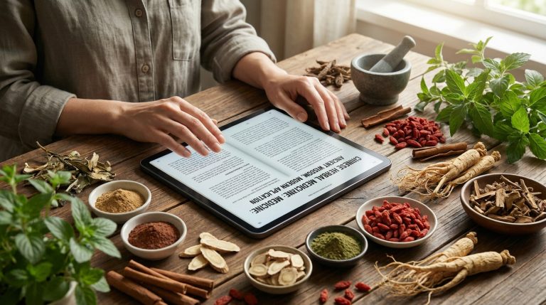 Une personne lit un ebook sur la phytothérapie chinoise entourée de bols d'herbes médicinales et de racines de ginseng.