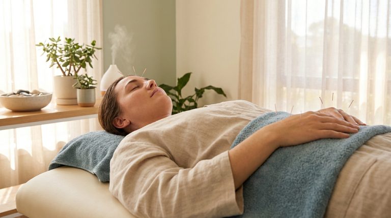 Une femme allongée sur une table de massage reçoit un traitement d'acupuncture pour se détendre dans un salon apaisant.