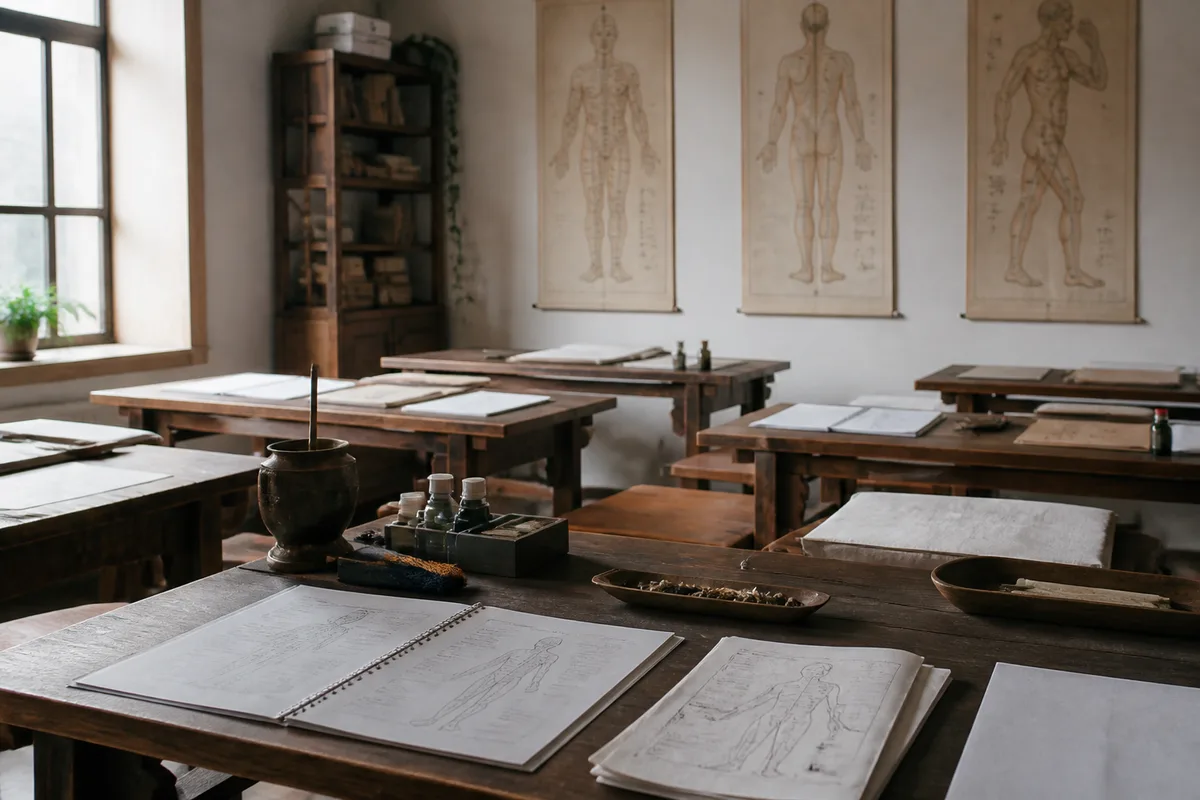 Salle de formation en médecine traditionnelle chinoise avec tables de cours, planches anatomiques et matériel pédagogique