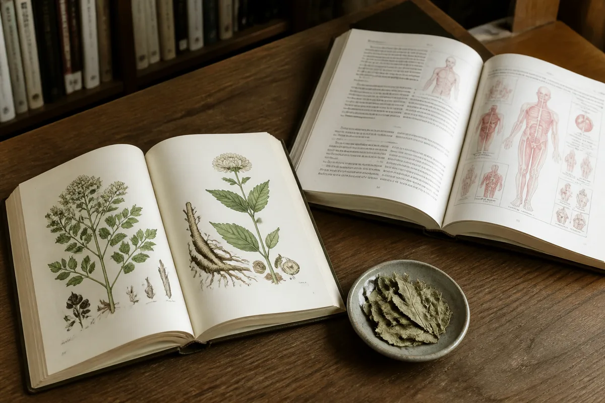 Deux livres de référence ouverts sur une table avec des illustrations de plantes médicinales chinoises et des pages consacrées aux symptômes
