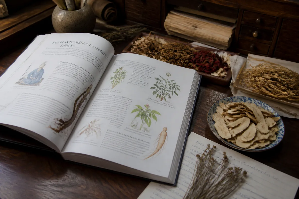 Livre illustré sur les plantes médicinales chinoises posé près de matières végétales séchées