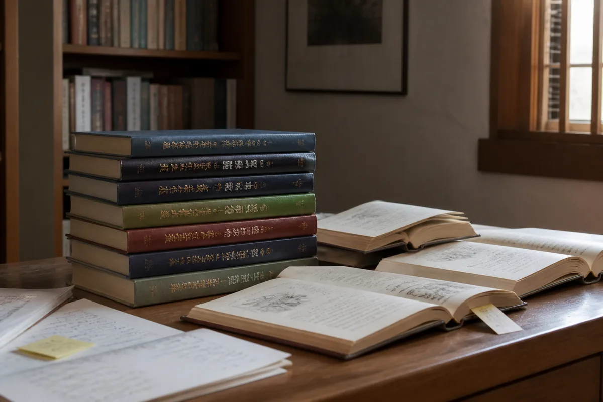 Collection de livres sur les maladies et symptômes en médecine chinoise posée sur une table d’étude