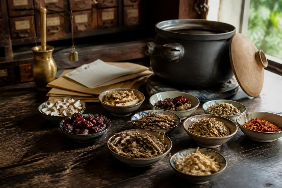 Plantes médicinales chinoises séchées et préparation traditionnelle dans des bols en céramique