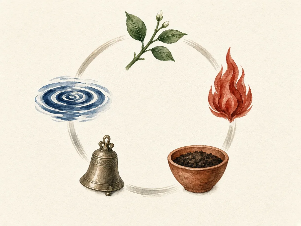 Cercle reliant une branche feuillue, une flamme, un bol de terre, une cloche en métal et une spirale d'eau