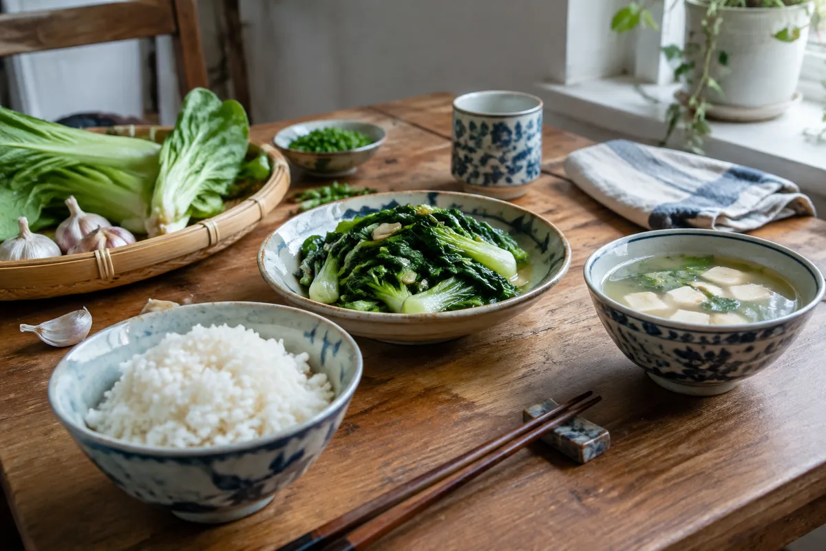 Repas inspiré de la diététique chinoise avec légumes cuits, céréales et ingrédients frais