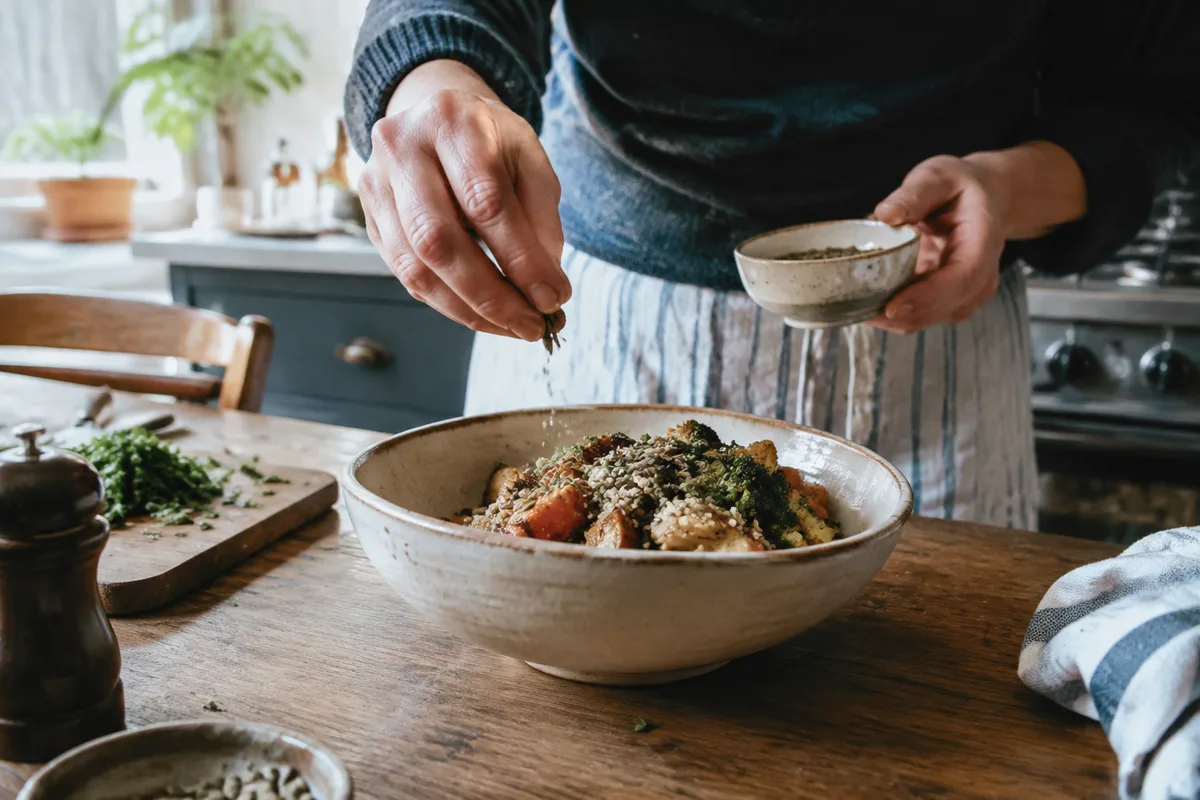 Repas cuisiné dans une cuisine, illustration des conseils alimentaires associés à l’humidité en médecine chinoise