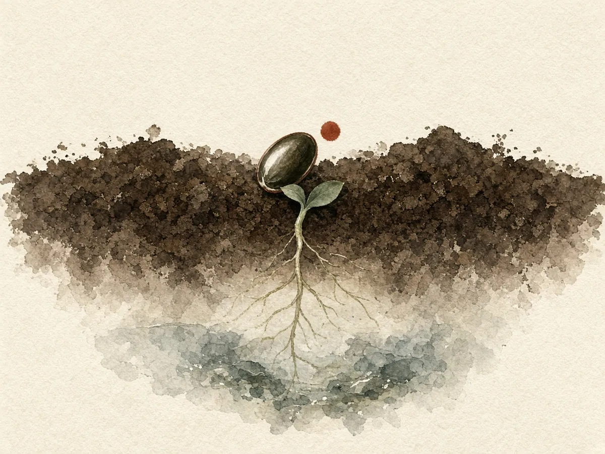 Graine qui germe dans la terre sombre, ses racines plongeant vers le bas