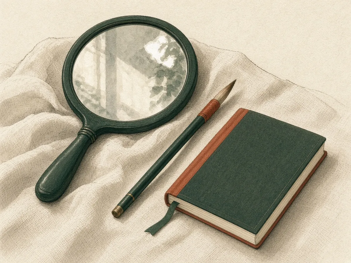 Miroir à main, pinceau et carnet vert posés sur un linge clair