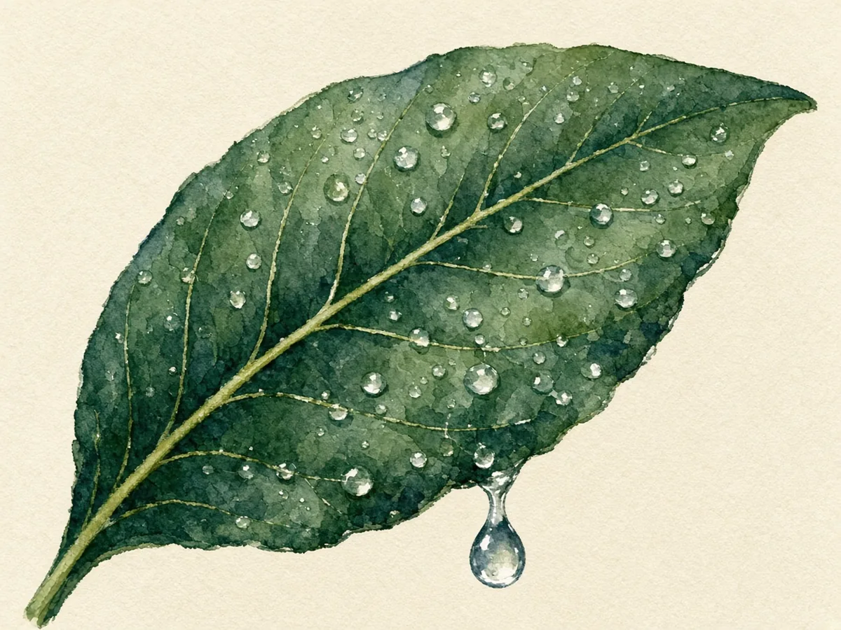 Feuille verte couverte de gouttes de rosée, une goutte prête à tomber