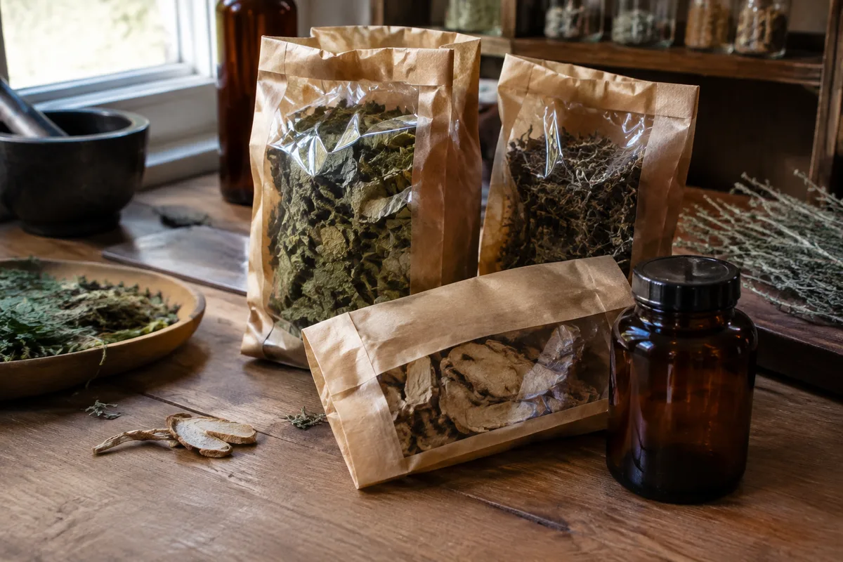 Préparations de pharmacopée chinoise et plantes dans leur emballage