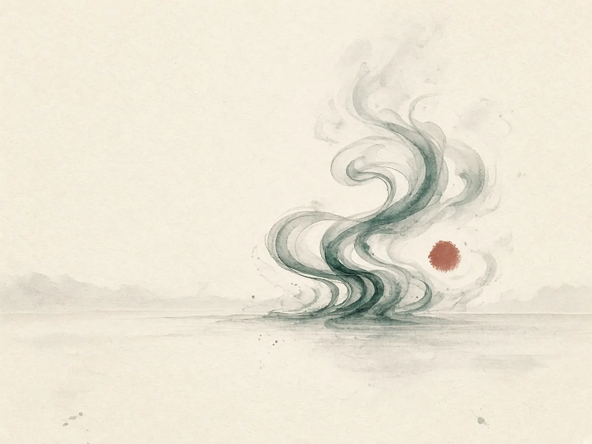 Volute de vapeur verte qui s'élève au-dessus d'un horizon brumeux, avec un petit soleil rouge