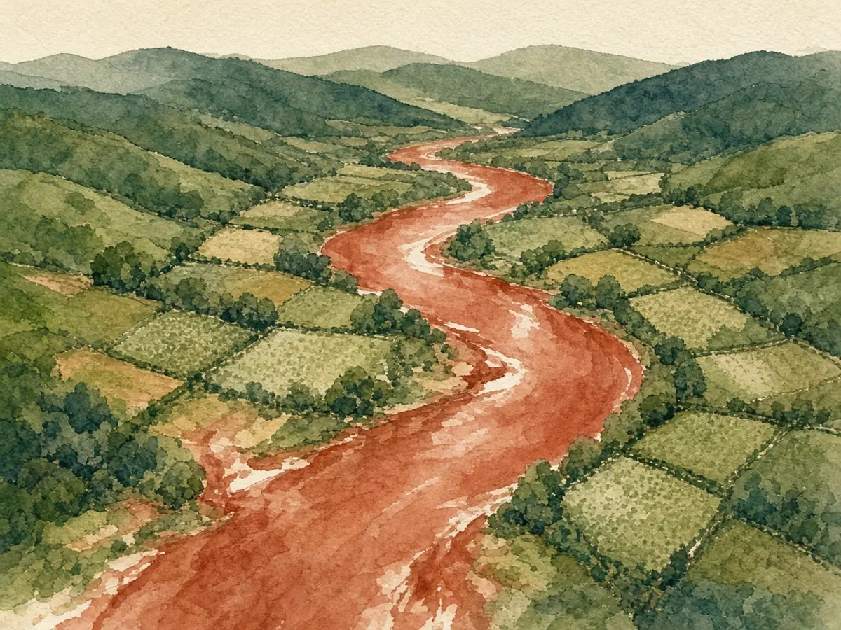 Rivière rouge qui serpente entre des champs verts, vue d'en haut, à l'aquarelle