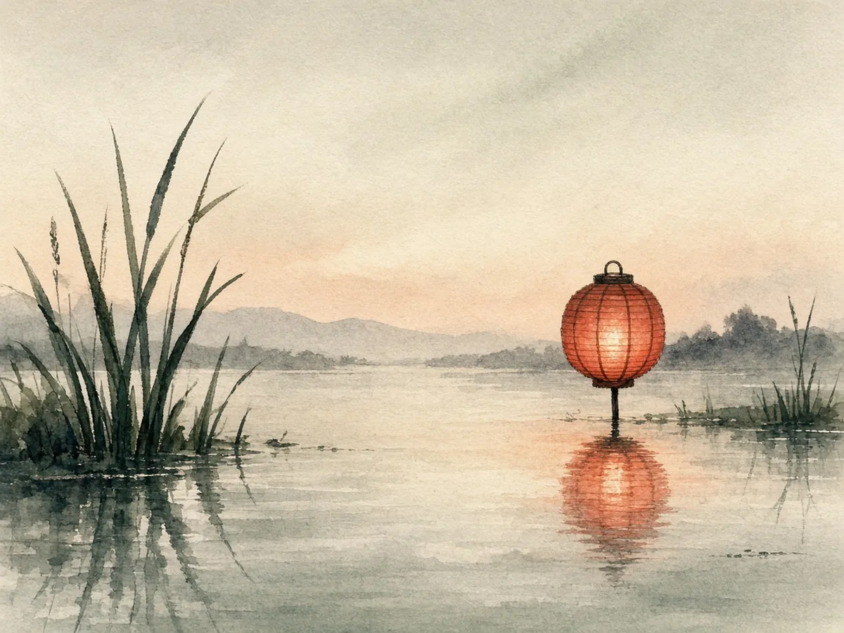 Lanterne rouge allumée au bord d'un lac calme au crépuscule, entre des roseaux