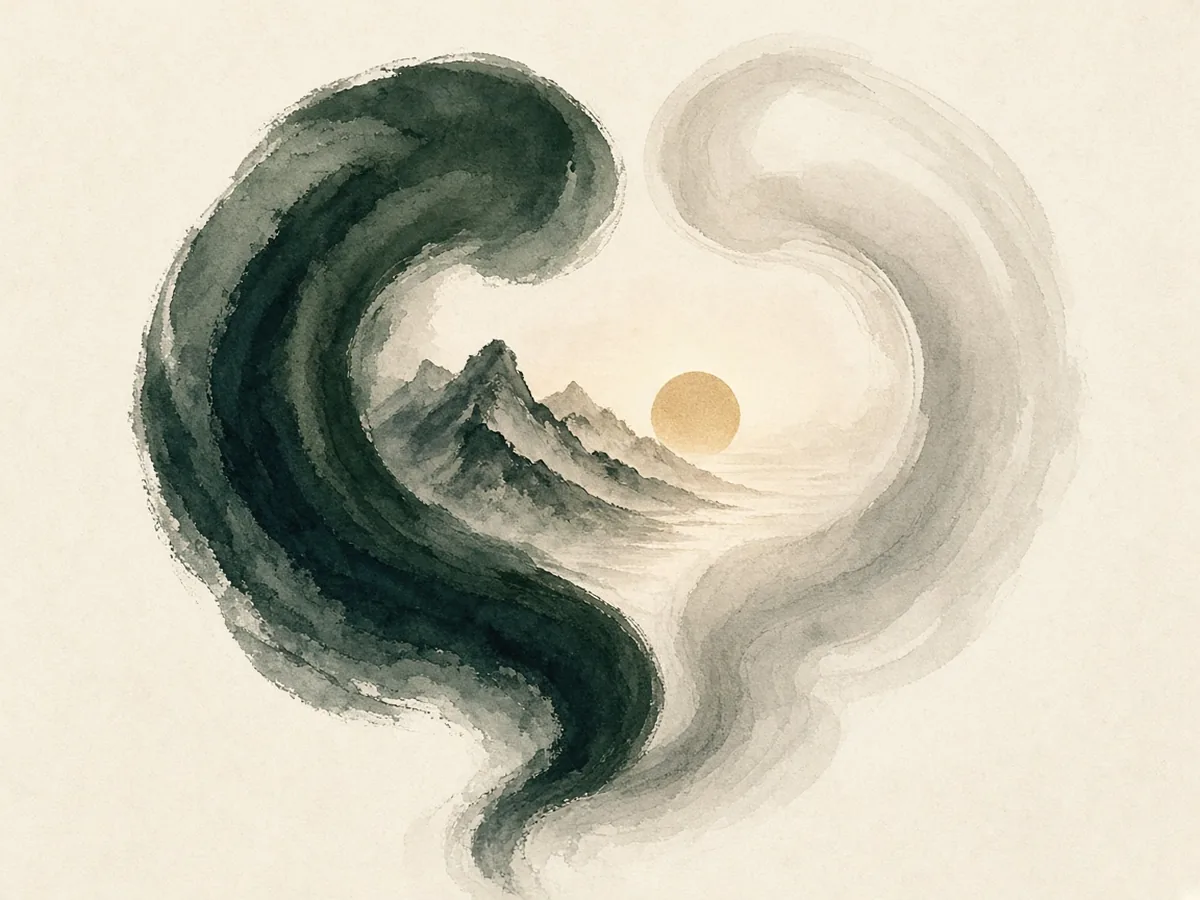 Deux volutes d'encre, l'une sombre et l'autre claire, enlacées autour d'une montagne et d'un soleil